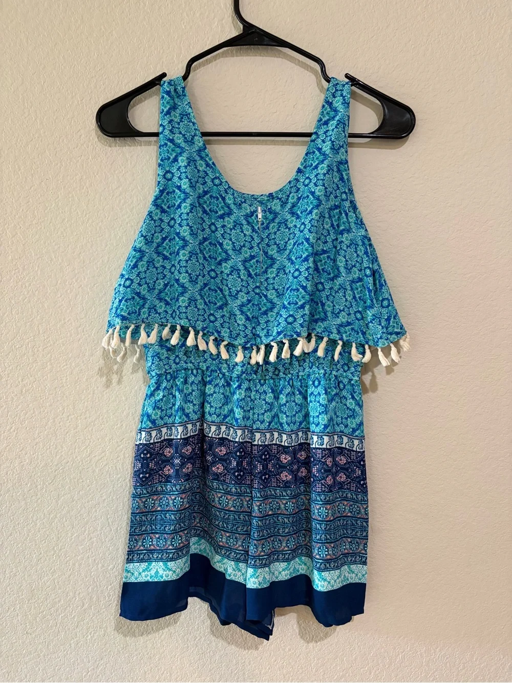 Speechless XL Blue Turquoise Boho Print Romper Tassel Layered Sleeveless